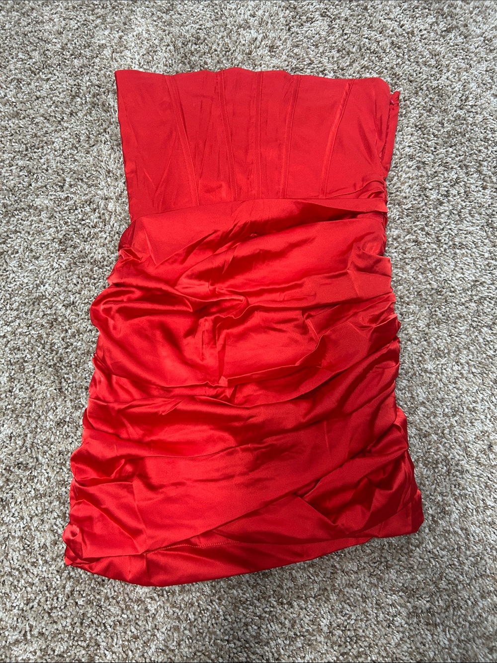 Strapless Red Ruched Satin Cocktail Dress